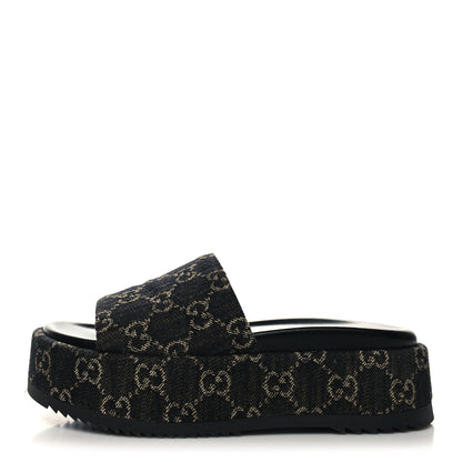 Gucci Jacquard Black Denim GG Monogram Angelina Platform 55mm Slide Sandals 36 Black Ivory 1 of 8