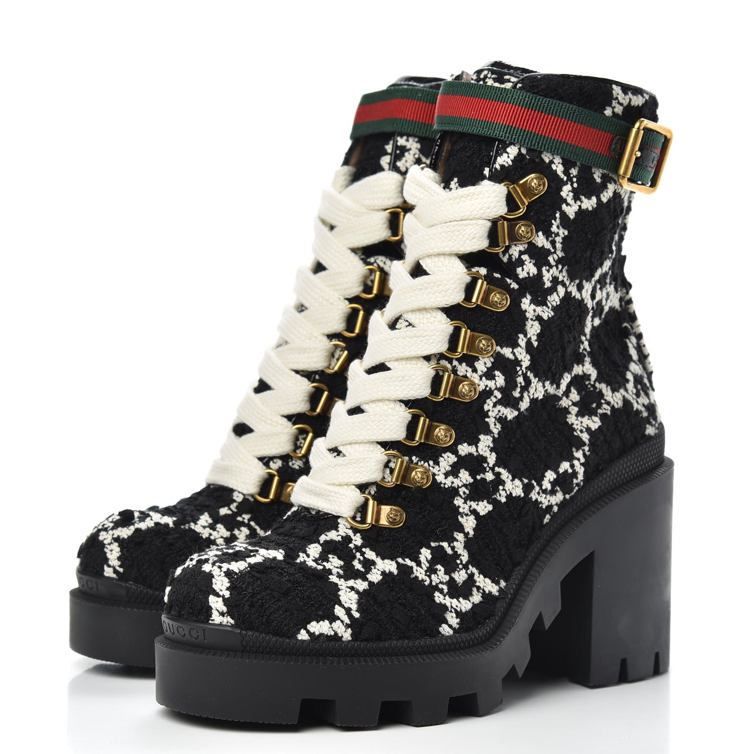 Gucci Tweed GG Monogram Lace Up Combat Ankle Boots 35 Black 3 of 7