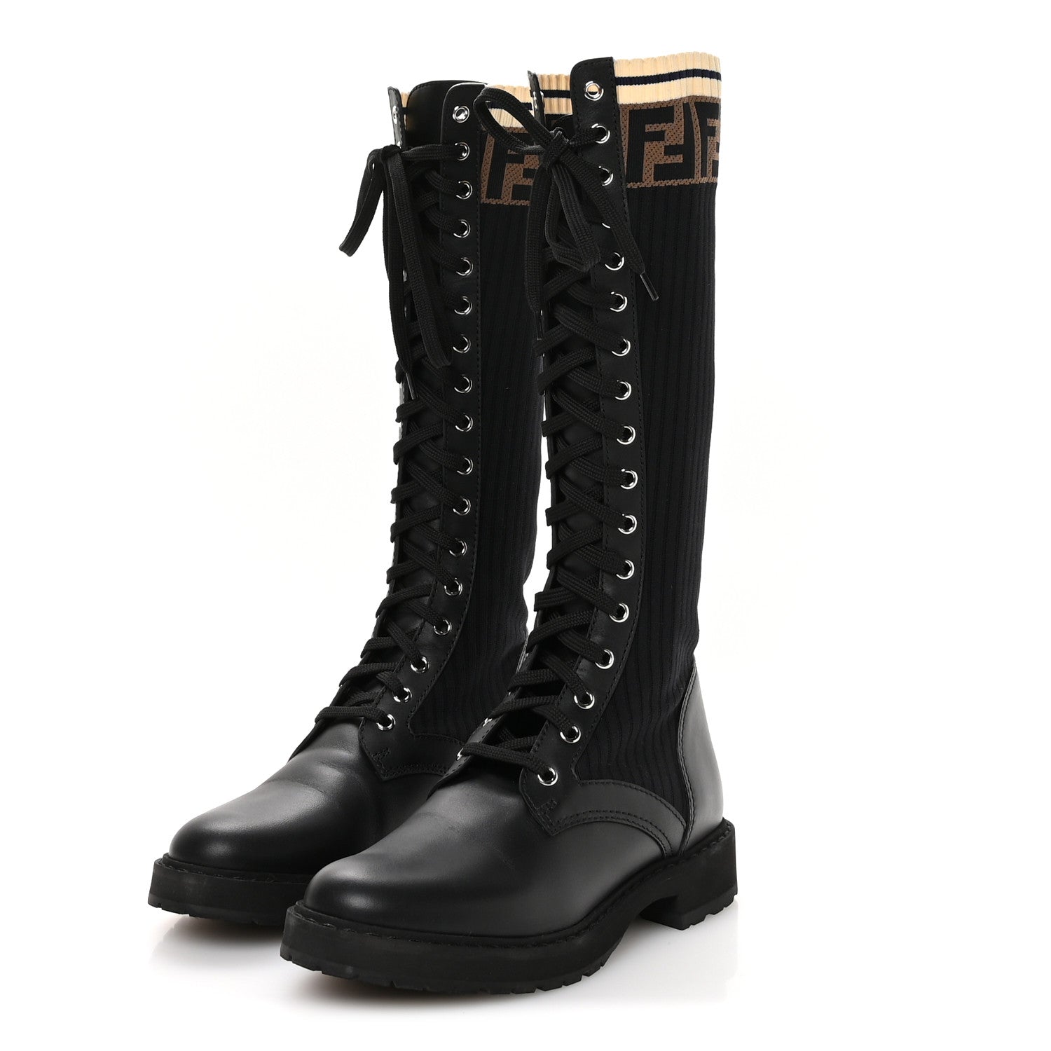 Fendi Calfskin Stretch Fabric FF Rockoko Tall Biker Boots 37 Tobacco Black Marino 4 of 8