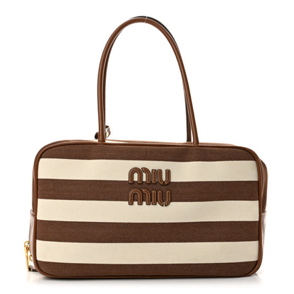Miu Miu Canvas Calfskin Striped Large Beau Top Handle Bag Cacao Naturale 1 of 9