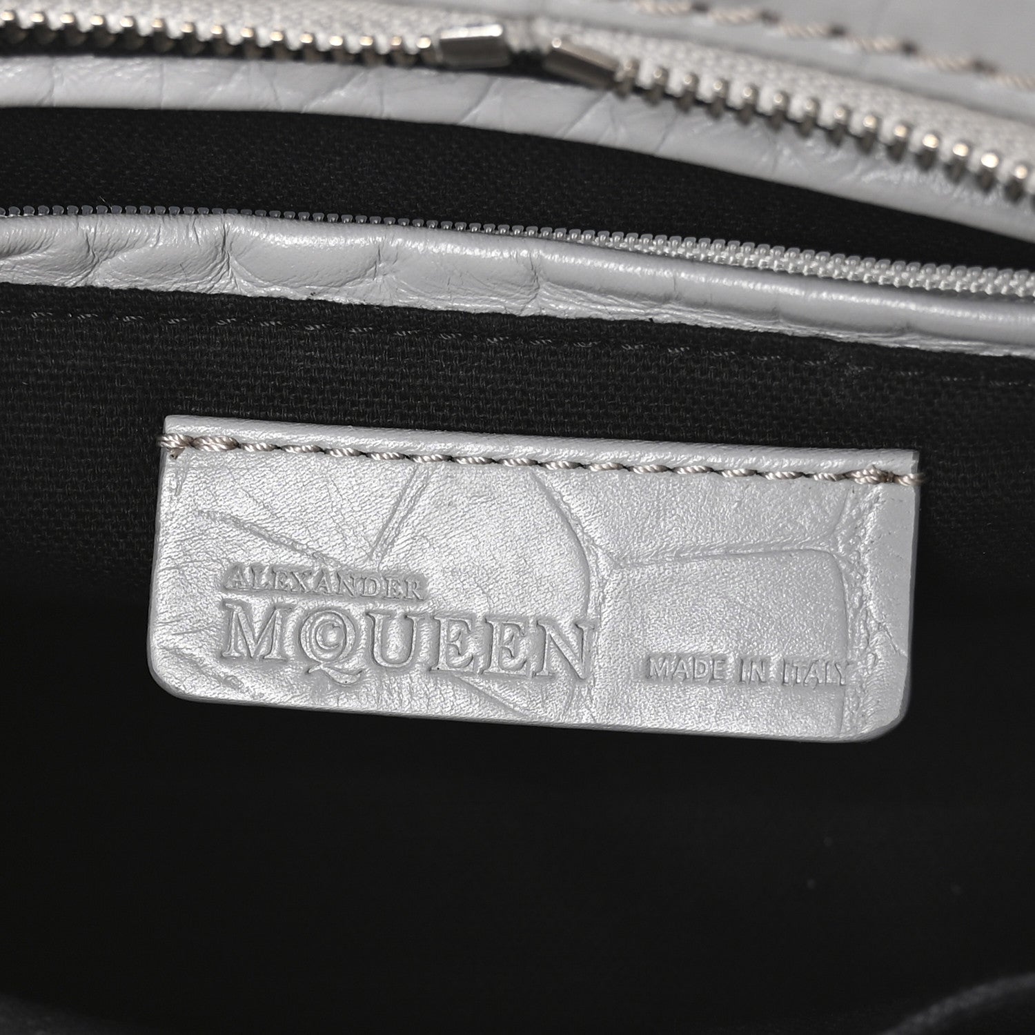 Alexander McQueen Calfskin Crocodile Embossed Mini Skull Padlock Zip Around Tote Grey 6 of 11