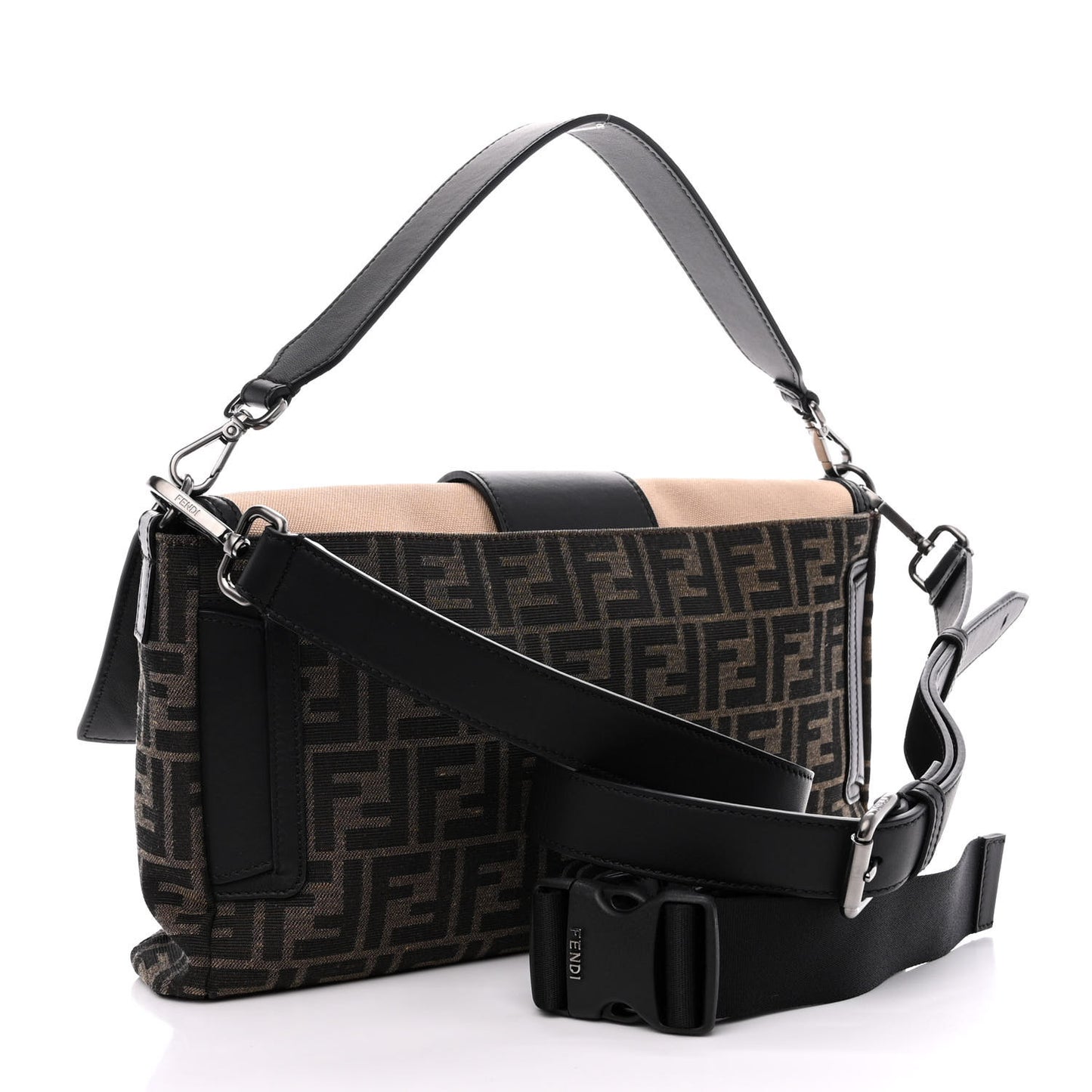 Recycled Fabric Jacquard Cotton Canvas Vitello Grace FF 1974 Large Convertible Baguette Tobacco Moro Black Beige