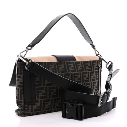 Fendi Recycled Fabric Jacquard Cotton Canvas Vitello Grace FF 1974 Large Convertible Baguette Tobacco Moro Black Beige 3 of 11