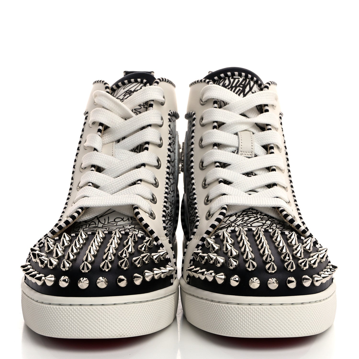 Christian Louboutin Mens Calfskin Lou Spikes Caligraf Orlato Flat Sneakers 36 White Black Silver 2 of 8