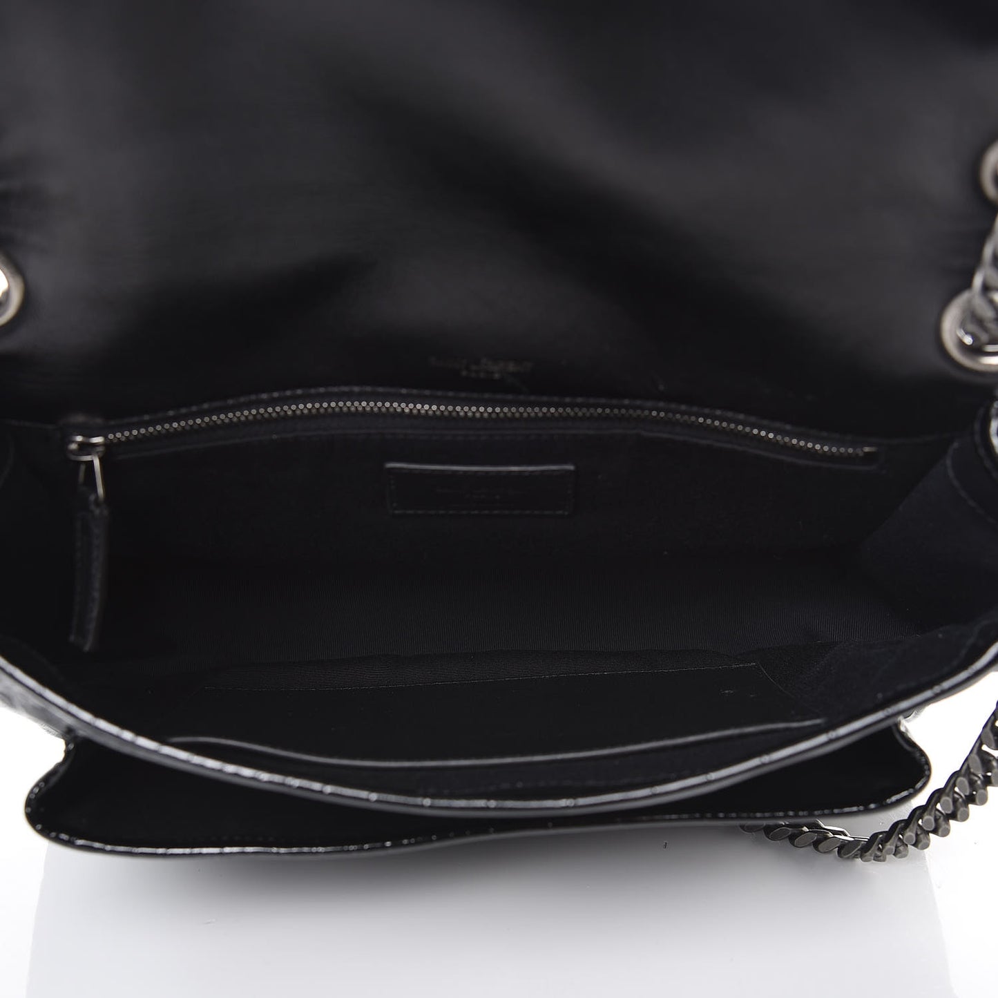 Patent Crocodile Embossed Lambskin Monogram Medium Niki Chain Satchel Black