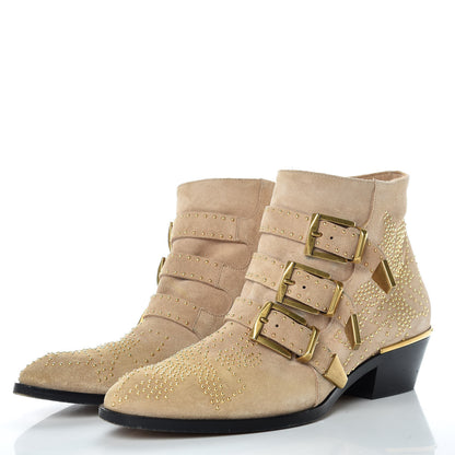 Chloe Suede Sheepskin Studded Susanna Ankle Boots 36.5 Beige Gold 3 of 14
