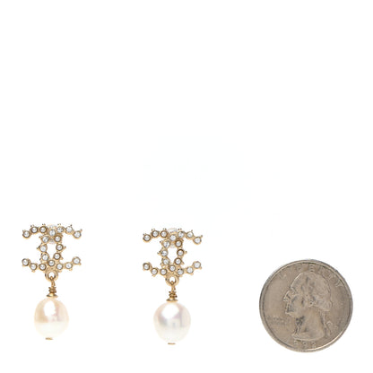 Chanel Pearl Crystal CC Drop Earrings Gold 2 of 5