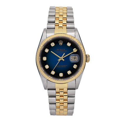 Rolex Stainless Steel 18K Yellow Gold Diamond 36mm Oyster Perpetual Datejust Watch Blue 16233 1 of 5