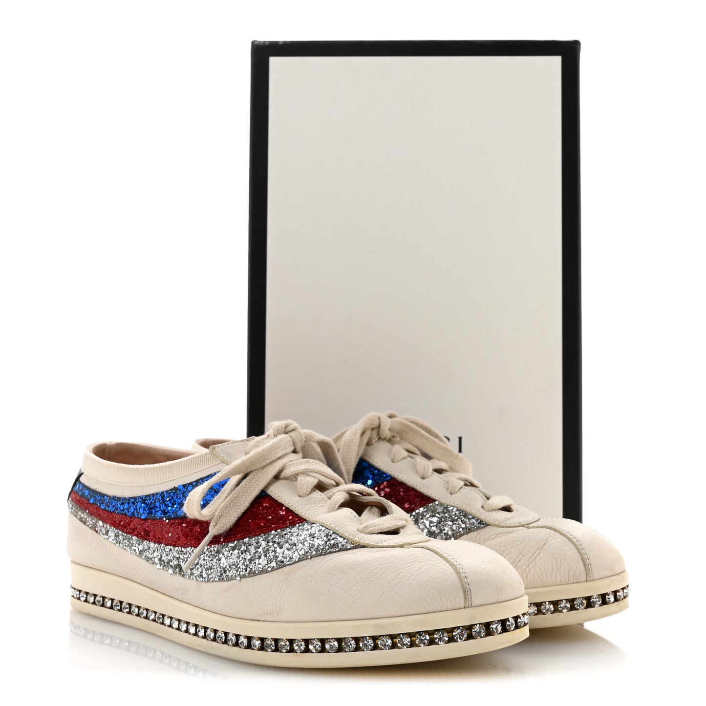 Calfskin Glitter Crystal Womens Sylvie Web Falacer Sneakers 38 White