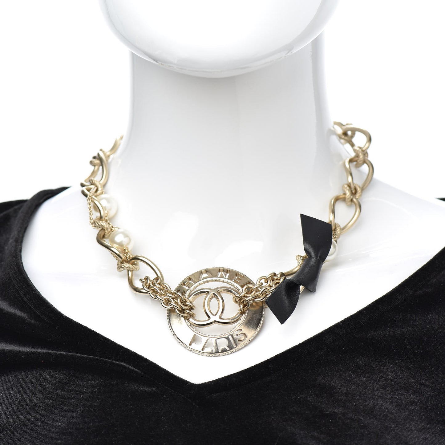 Metal Pearl Chain CC Paris Pendant Necklace Light Gold