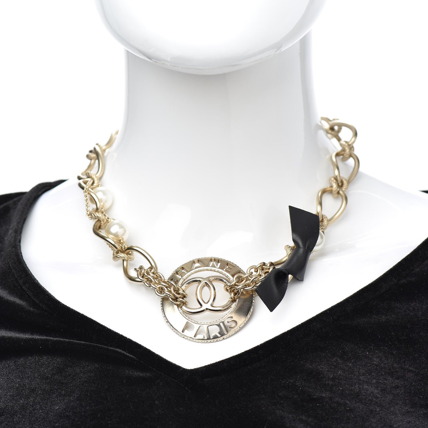 Chanel Metal Pearl Chain CC Paris Pendant Necklace Light Gold 2 of 4