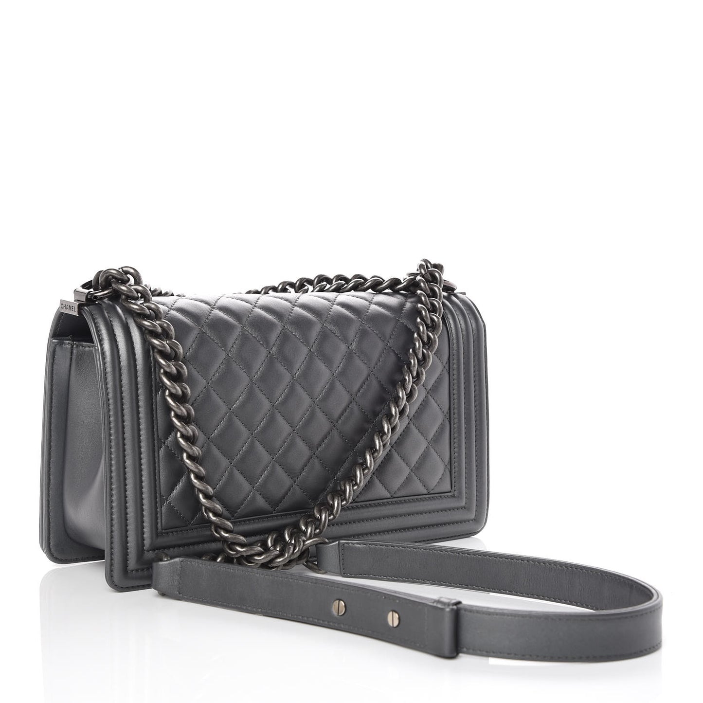 Metallic Calfskin Quilted Medium Boy Flap Dark Silver
