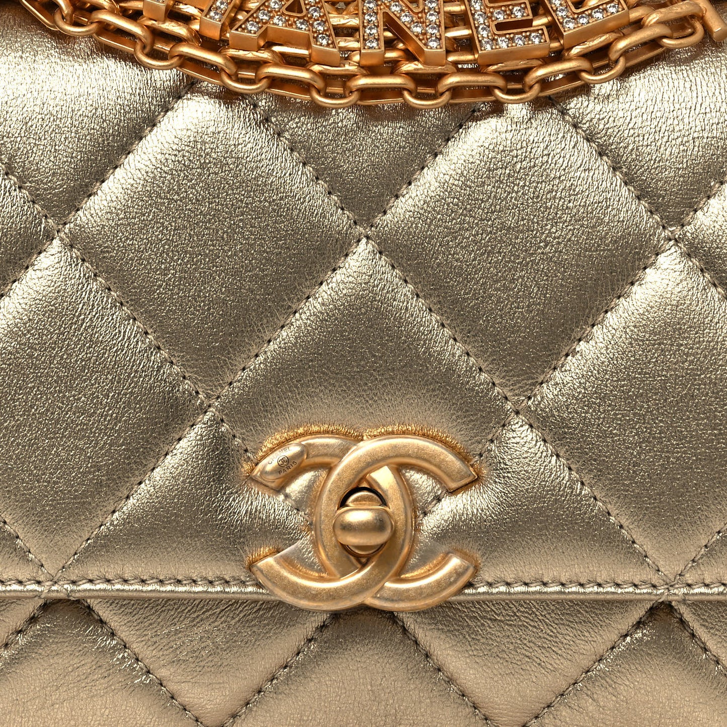 Metallic Lambskin Quilted Mini CC Crystal Logo Chain Flap Gold