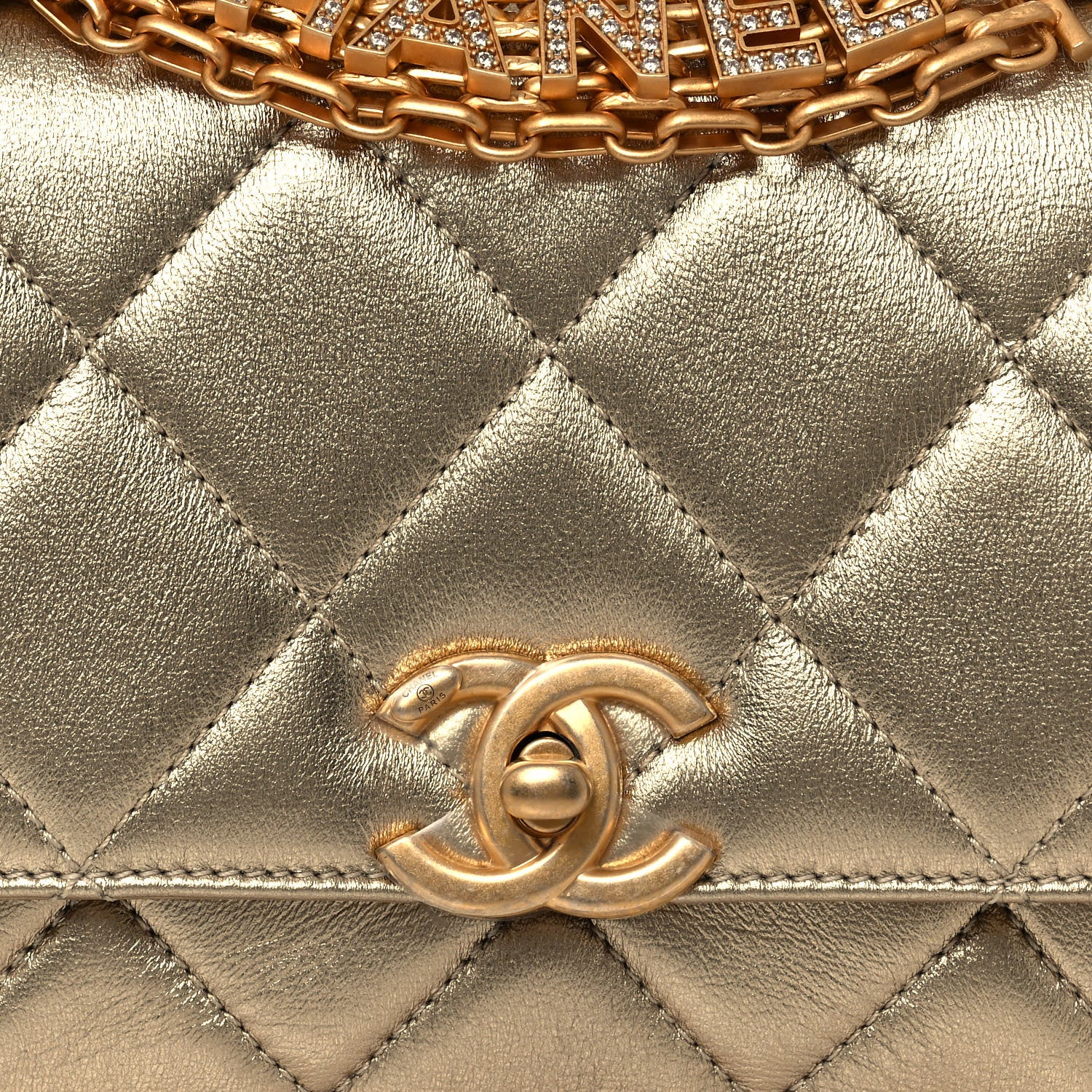 Chanel Metallic Lambskin Quilted Mini CC Crystal Logo Chain Flap Gold 8 of 13