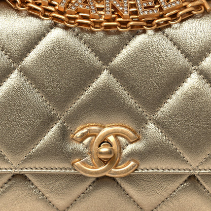 Chanel Metallic Lambskin Quilted Mini CC Crystal Logo Chain Flap Gold 8 of 13