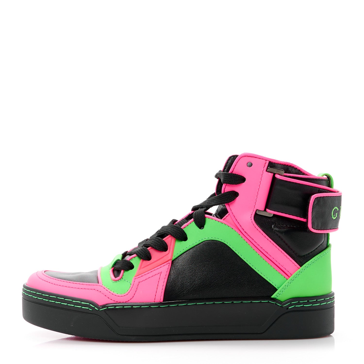 Gucci Lambskin Calfskin Womens High Top Sneakers 36 Black Neon Green Pink 1 of 10
