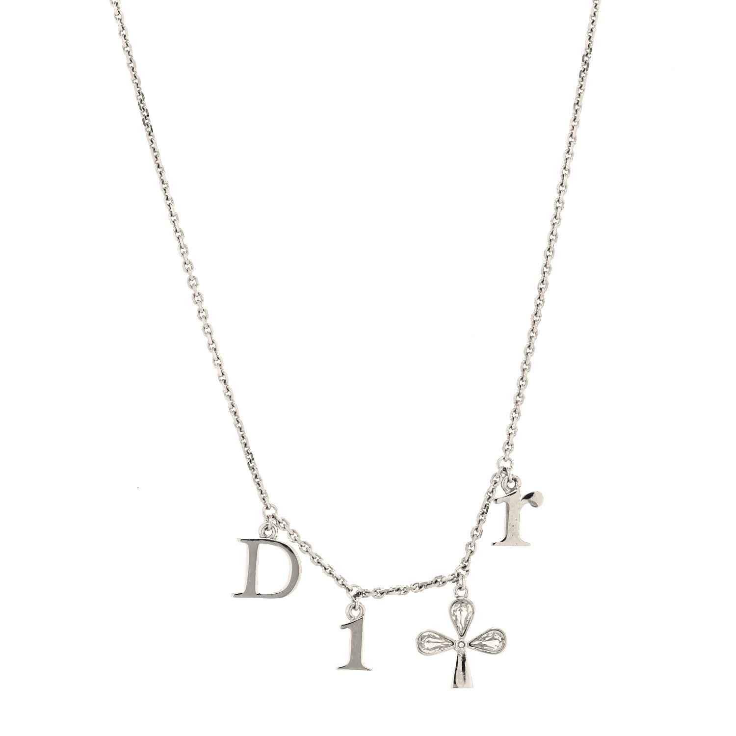 Christian Dior Metal Crystal Logo Clover Necklace Silver 1 of 5