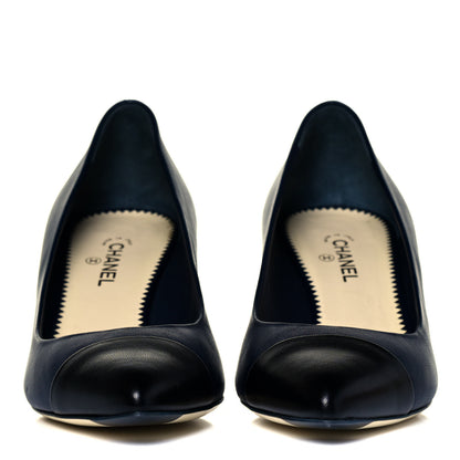 Chanel Lambskin Pearl Cap Toe Pumps 37 Navy Blue Black 2 of 10
