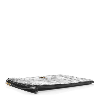 Saint Laurent Calfskin Crocodile Embossed Tablet Pouch Black 4 of 8