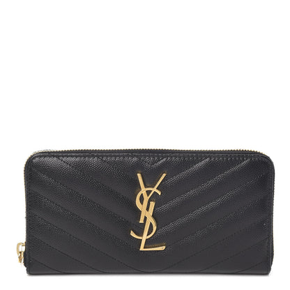 Saint Laurent Grain De Poudre Matelasse Chevron Monogram Zip Around Wallet Black 1 of 6