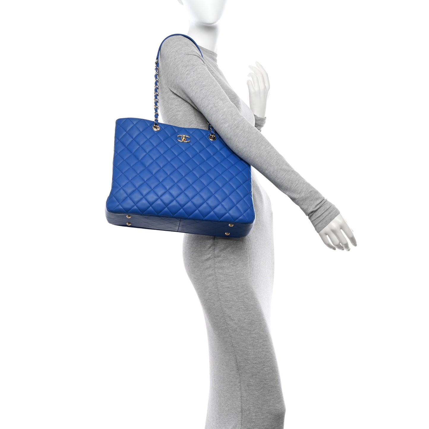 Calfskin Quilted Large Classic Shopping Tote Blue