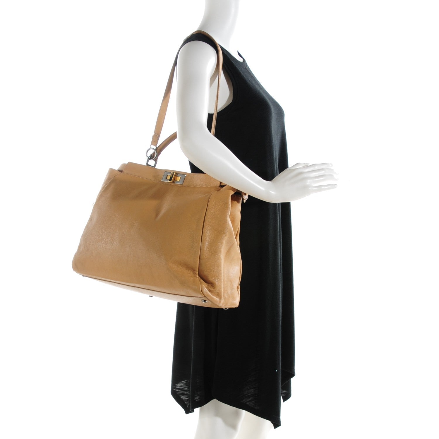 Fendi Goatskin Large Peekaboo Iconic Satchel Beige Latte Black 2 of 9