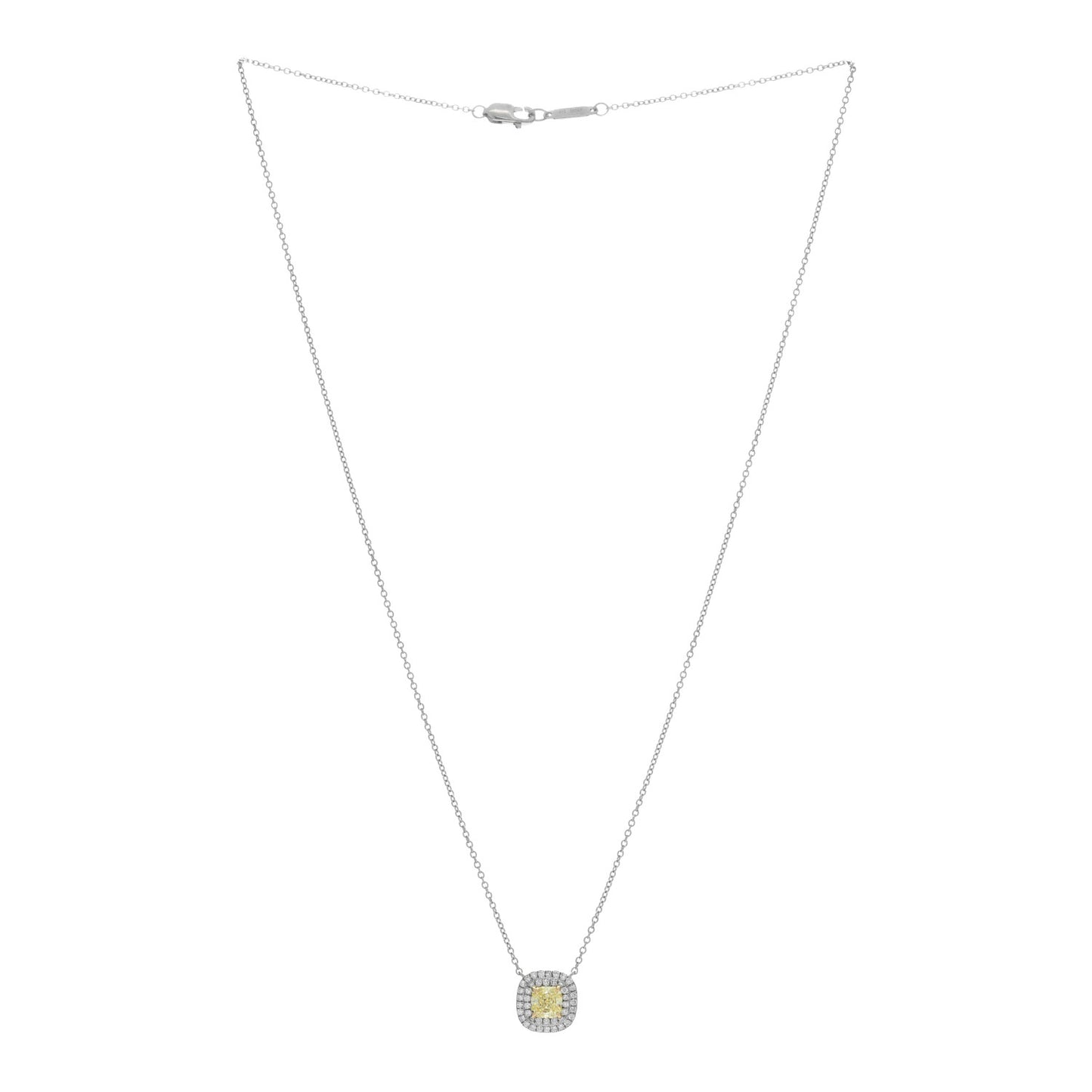 Platinum 18K Yellow Gold Diamond Yellow Diamond .66ct Soleste Cushion Cut Halo Pendant Necklace