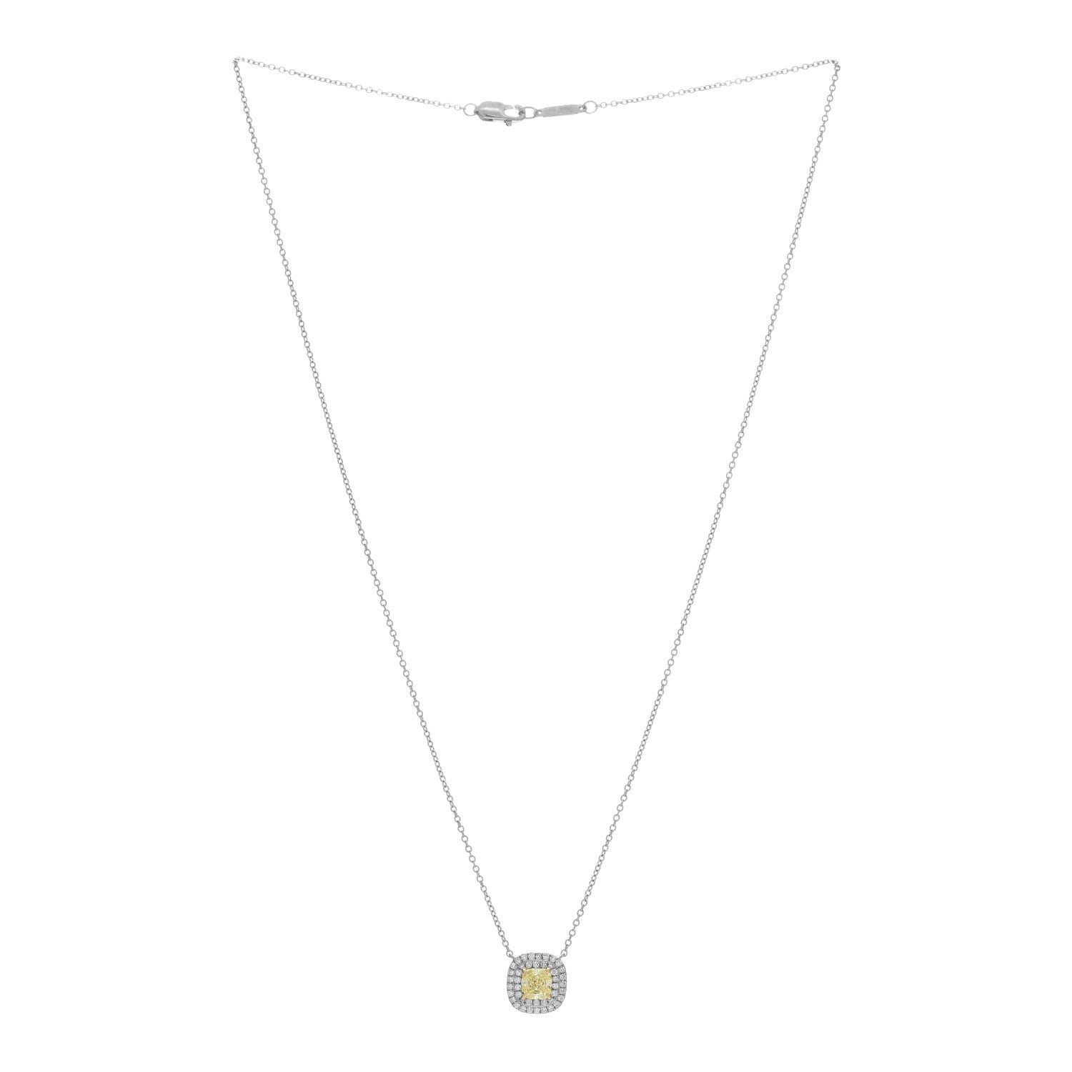 Tiffany Platinum 18K Yellow Gold Diamond Yellow Diamond .66ct Soleste Cushion Cut Halo Pendant Necklace 2 of 4