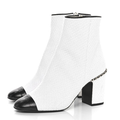 Chanel Tweed Cap Toe CC Ankle Boots 39.5 White Black 3 of 9