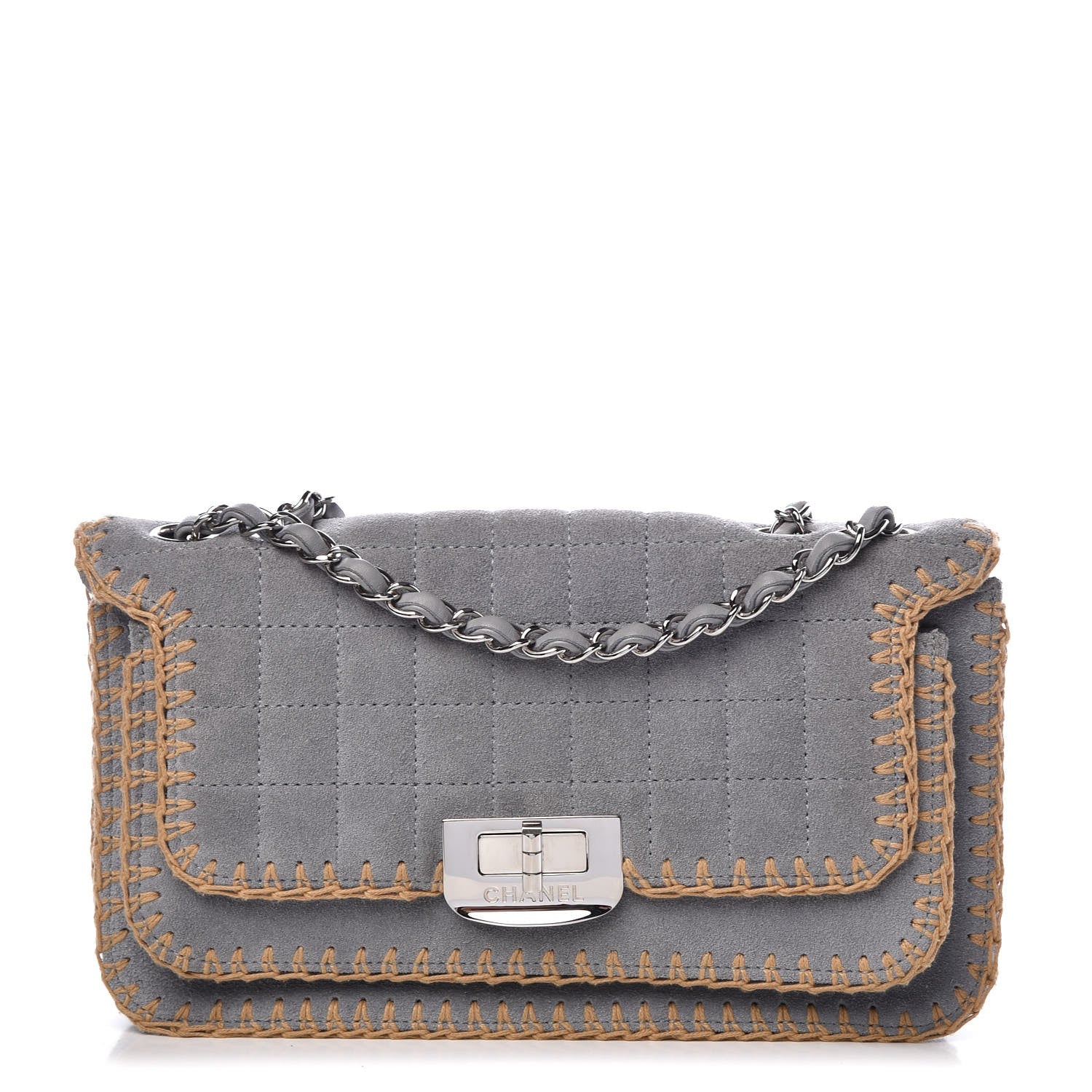 Chanel Suede Chocolate Bar Whipstitch Mademoiselle Flap Grey 1 of 9