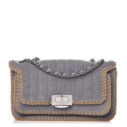 Chanel Suede Chocolate Bar Whipstitch Mademoiselle Flap Grey 1 of 9
