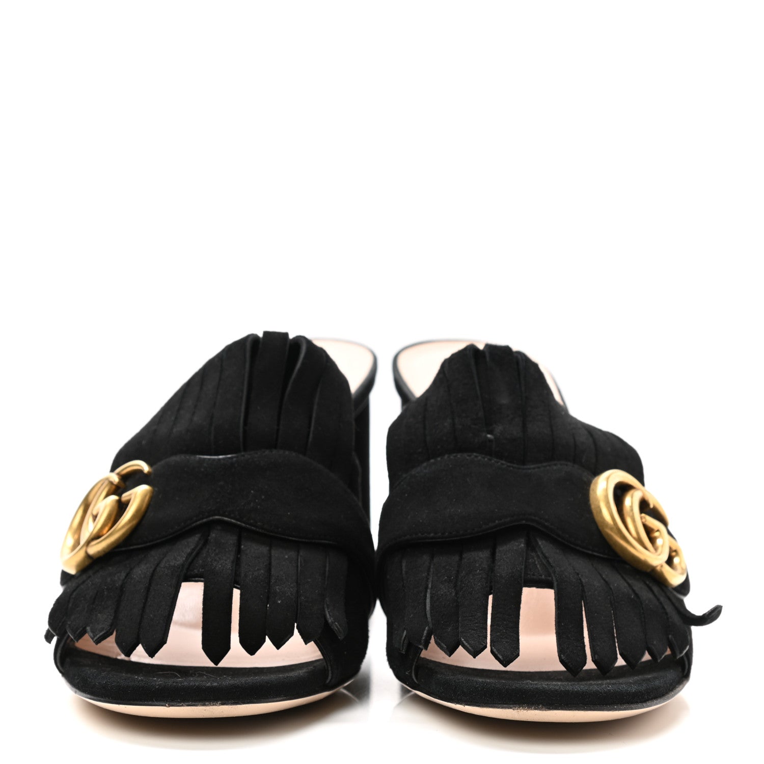 Gucci Kid Scamosciato GG Marmont Fringe 75mm Slide Sandals 37.5 Black 2 of 9