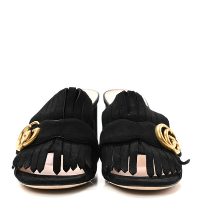 Gucci Kid Scamosciato GG Marmont Fringe 75mm Slide Sandals 37.5 Black 2 of 9