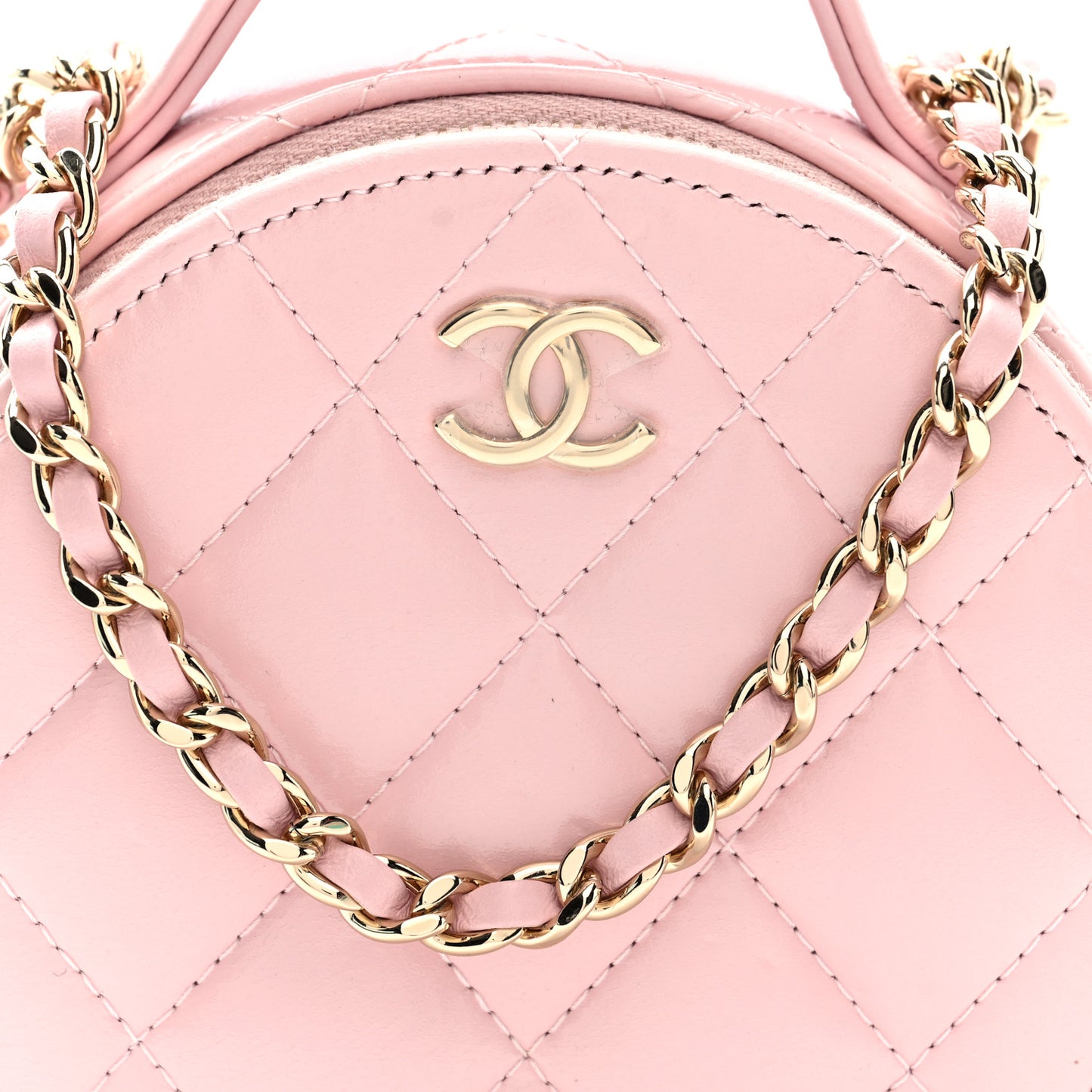 Lambskin Quilted Round Handle With Care Vanity With Chain Pink