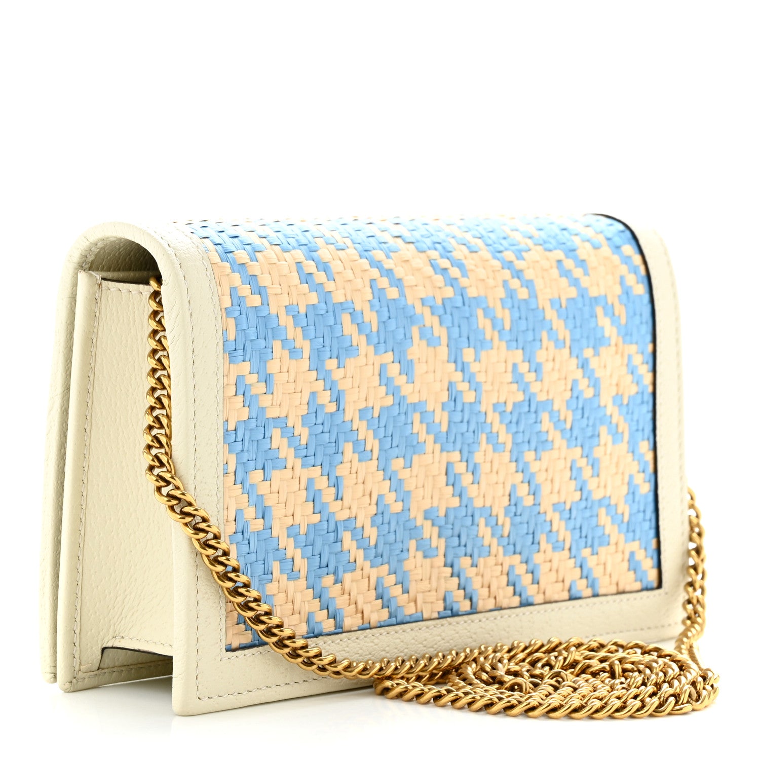 Gucci Polished Raffia Textured Dollar Calfskin Houndstooth Mini Diana Chain Bag Natural Light Blue Mystic White 3 of 11