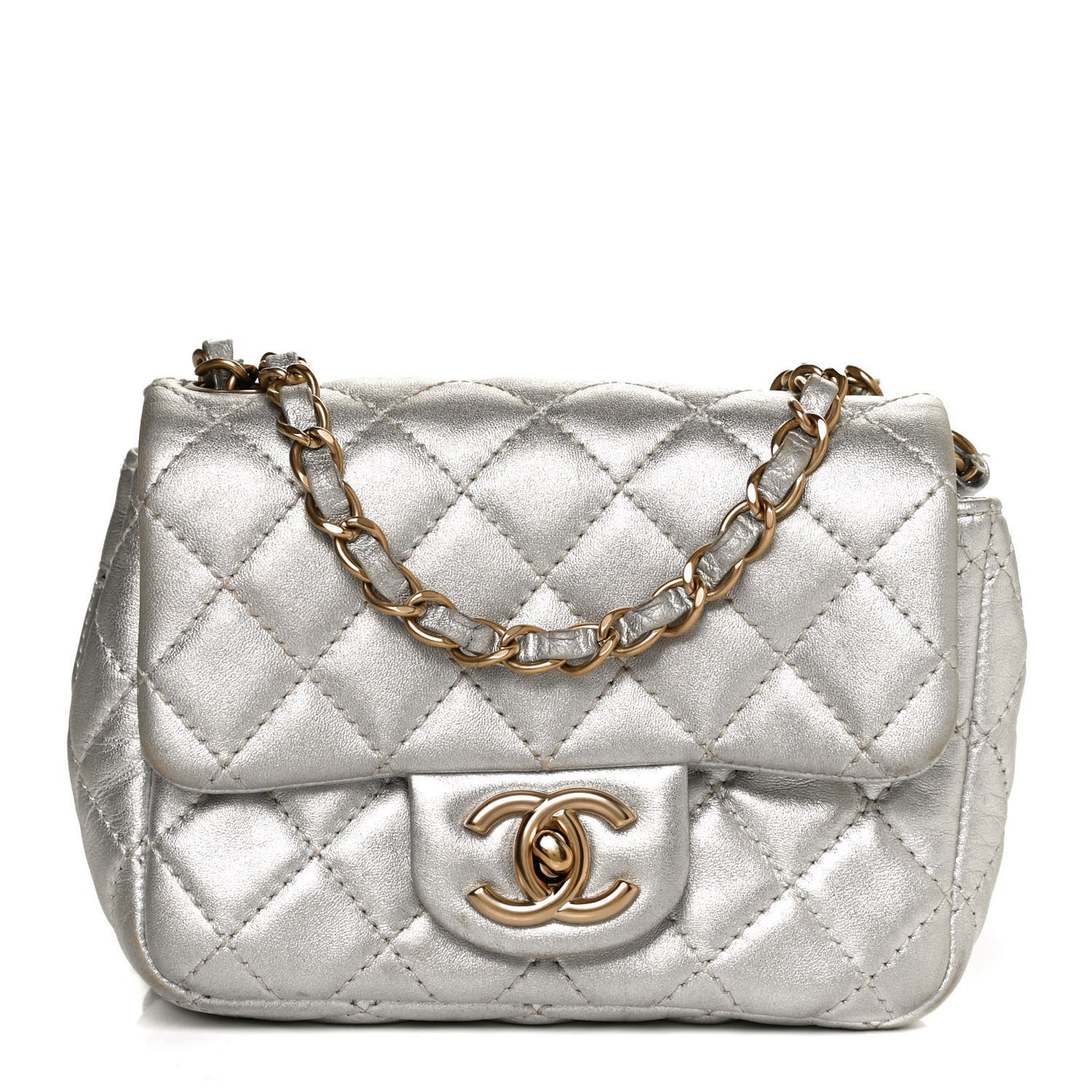 Metallic Lambskin Quilted Mini Square Flap Silver