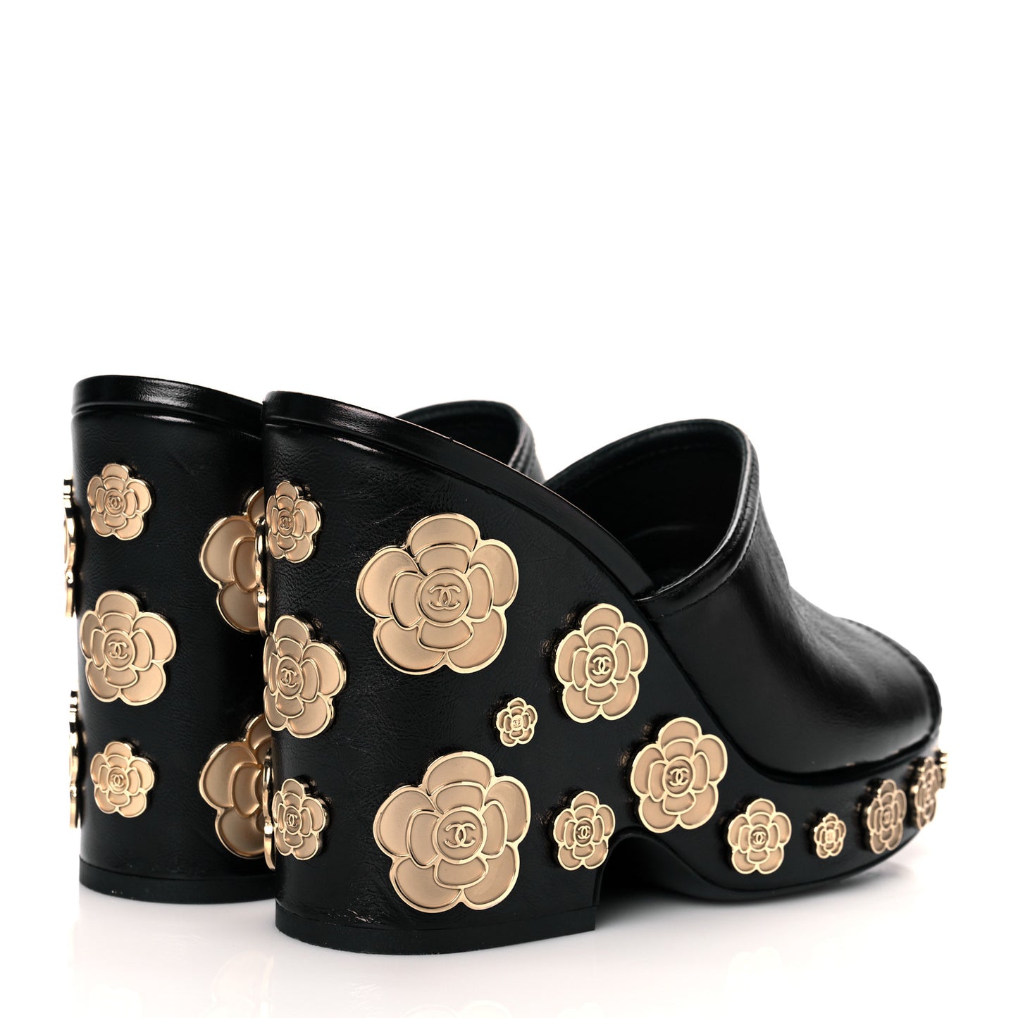 Crumpled Calfskin Camellia Wedge Mules 36 Black