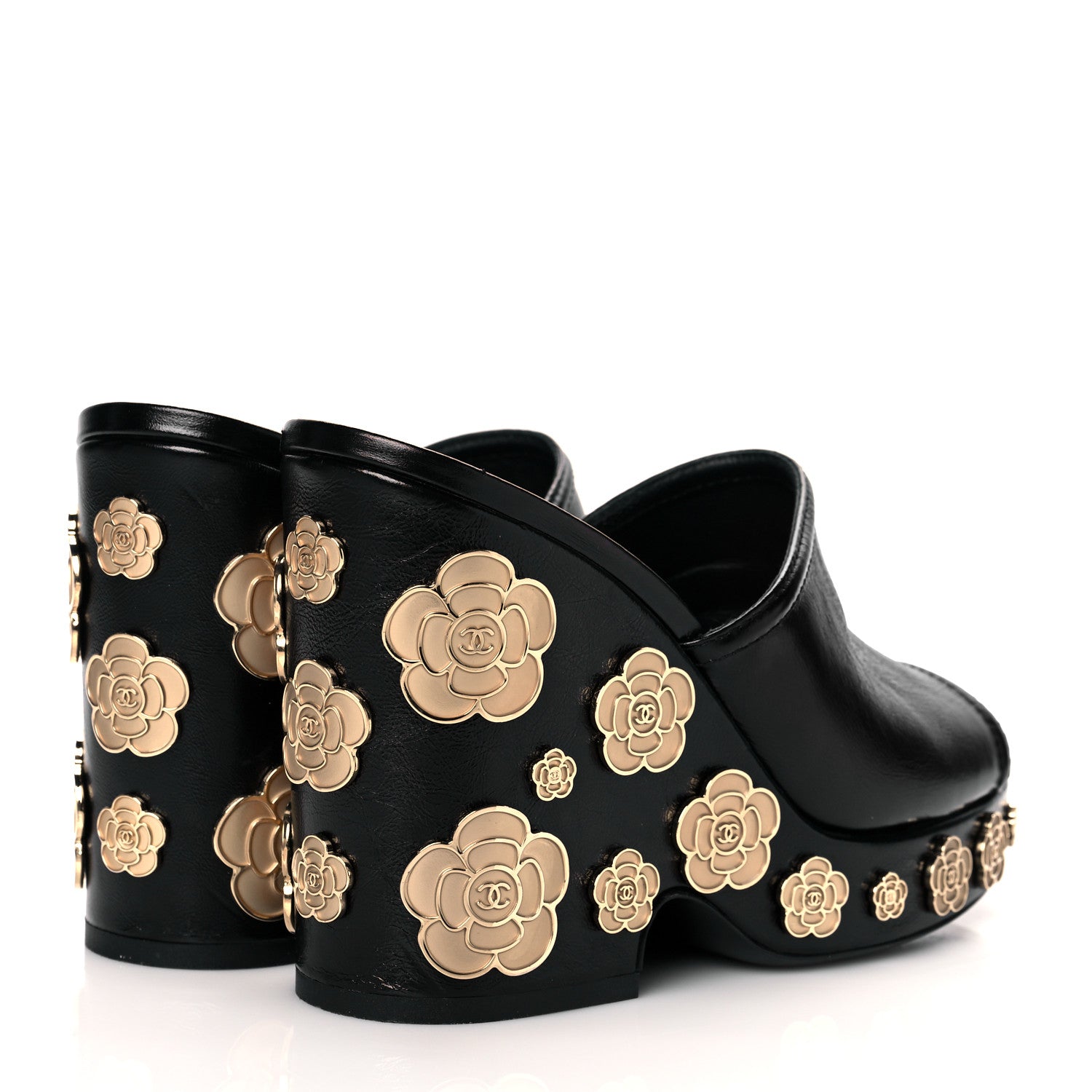 Chanel Crumpled Calfskin Camellia Wedge Mules 36 Black 4 of 10