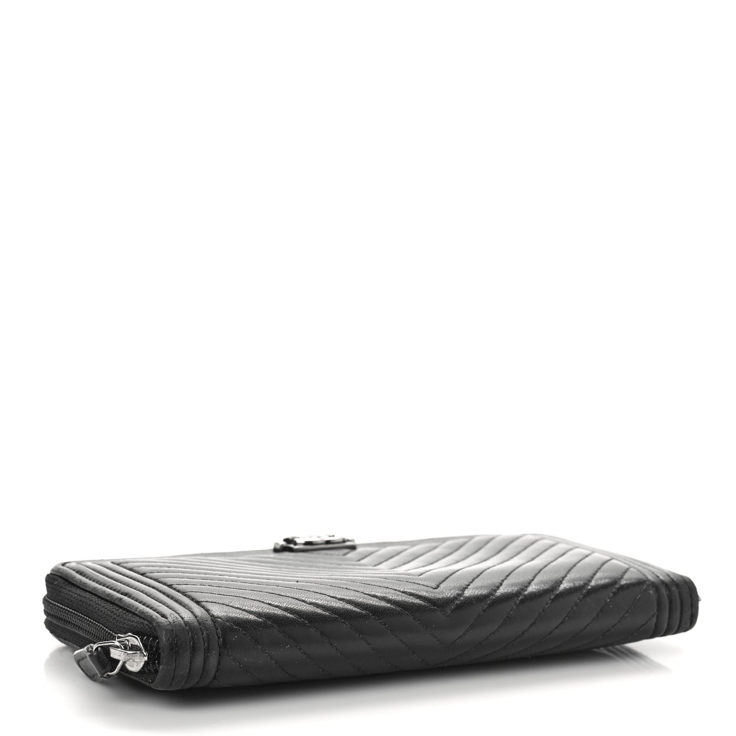 Calfskin Chevron Zip Around Boy Wallet Black