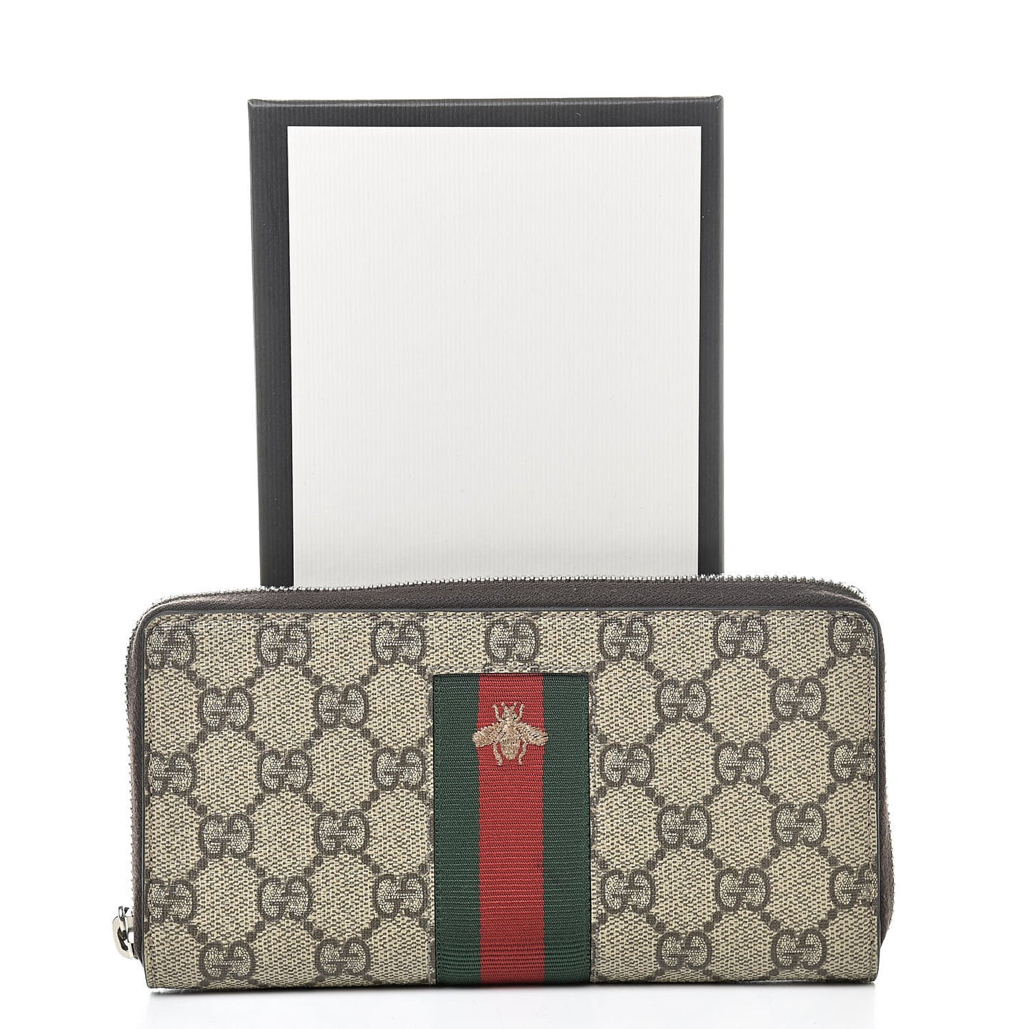 GG Supreme Monogram Web Bee Zip Around Wallet Beige Cocoa
