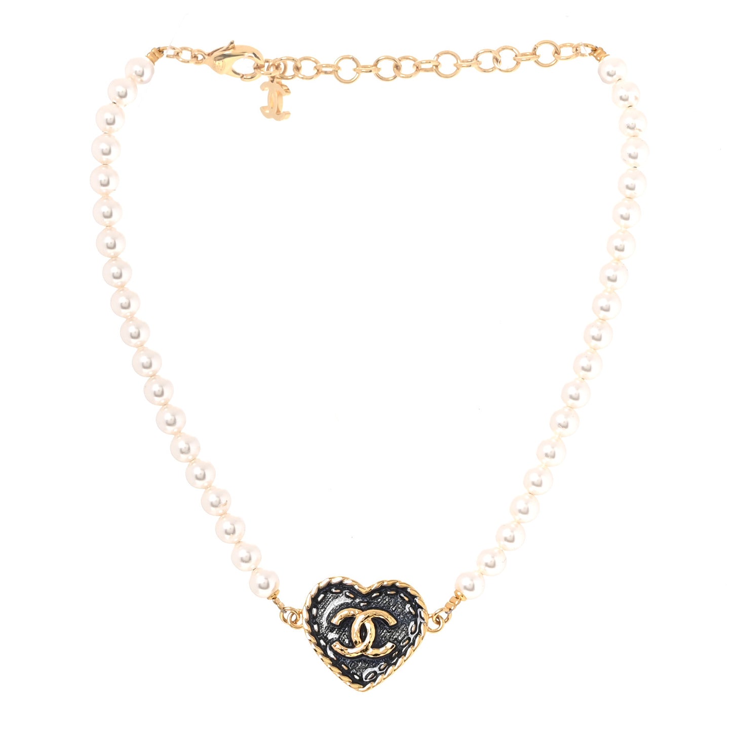 Metal Denim CC Heart Choker Gold Blue Pearly White