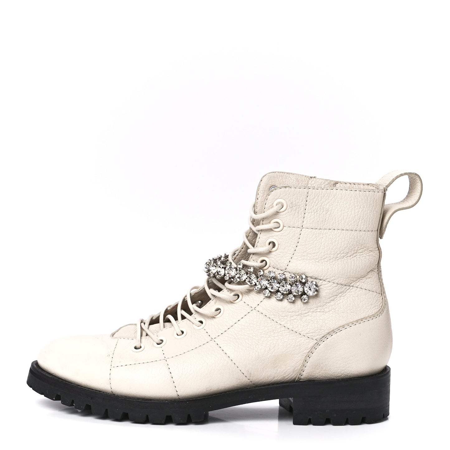 Grained Calfskin Crystal Embellished Cruz Combat Boots 37.5 White