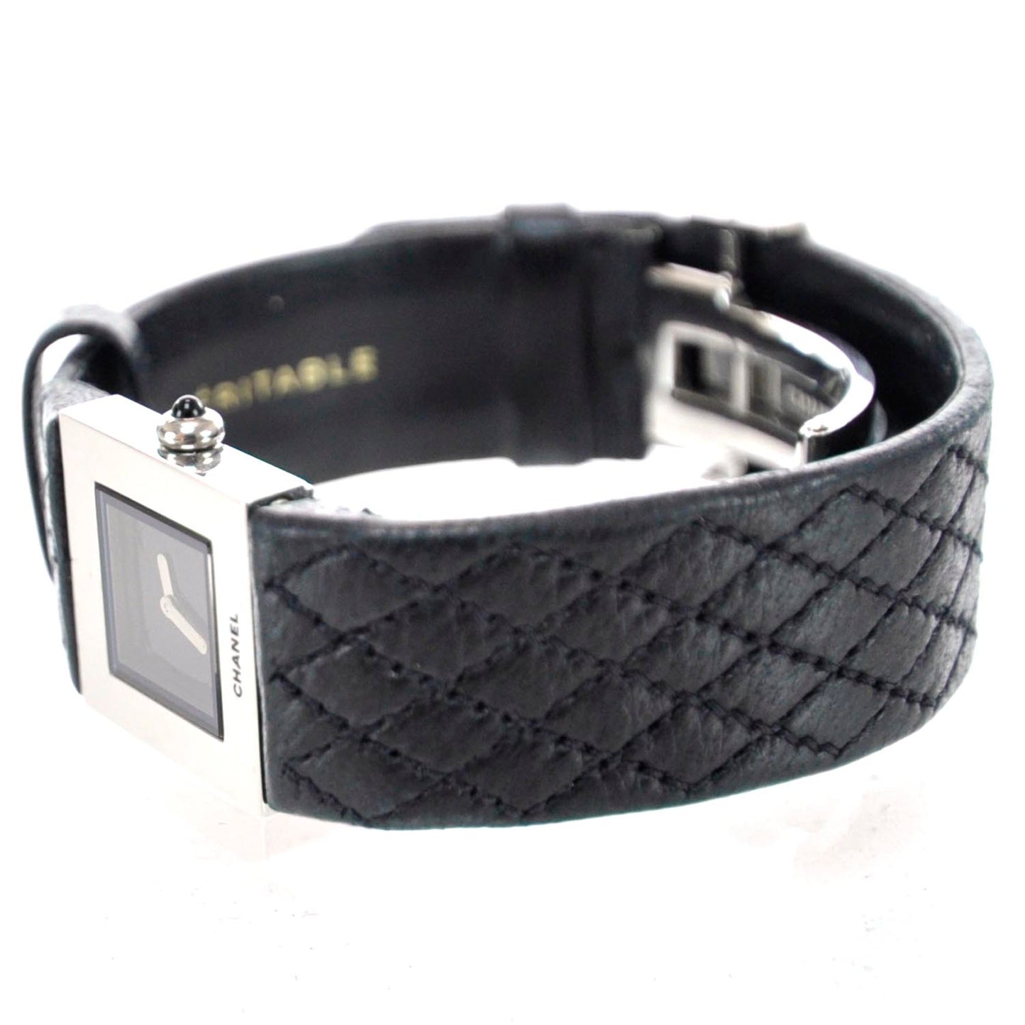 Stainless Steel Calfskin 19mm Quilted Matelasse Quartz Watch Black