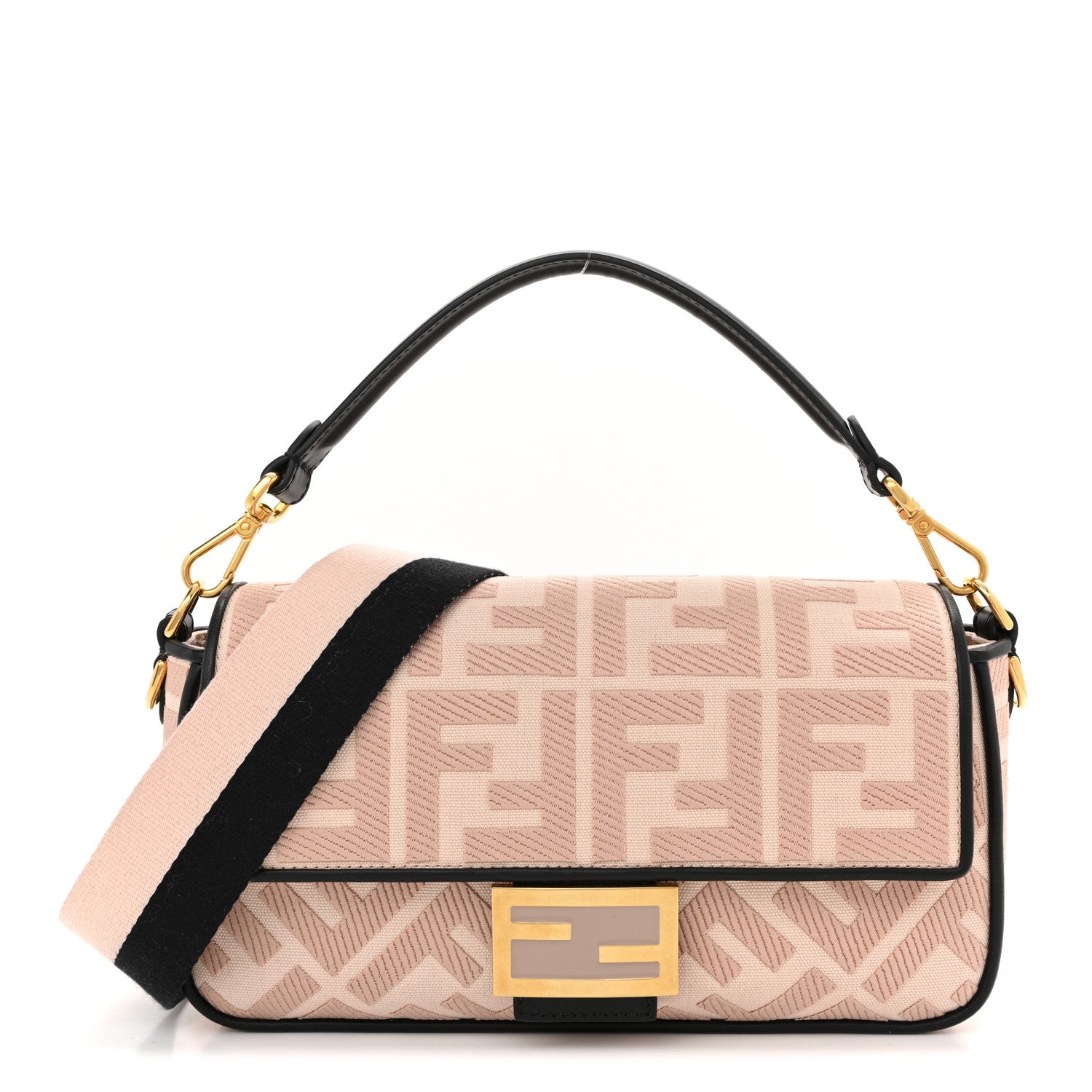 Fendi Canvas Vitello King FF Embroidered Baguette Rosa Quarzo Black 1 of 10