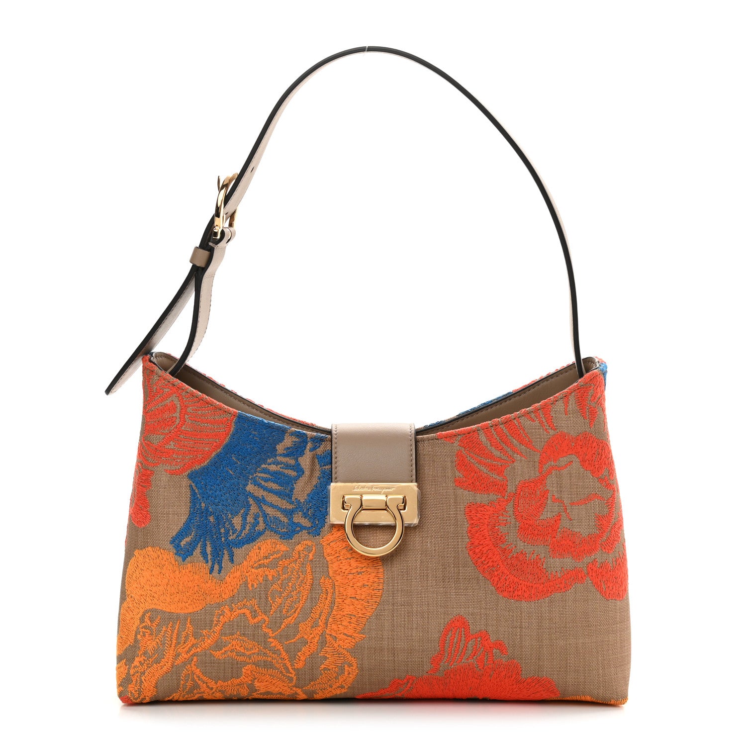 Salvatore Ferragamo Raffia Embroidered Woven Trifolio Shoulder Bag Multicolor 1 of 11
