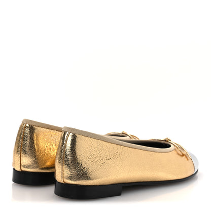 Chanel Metallic Crackled Laminated Calfskin CC Cap Toe Ballerina Flats 37.5 Gold Silver 6 of 11