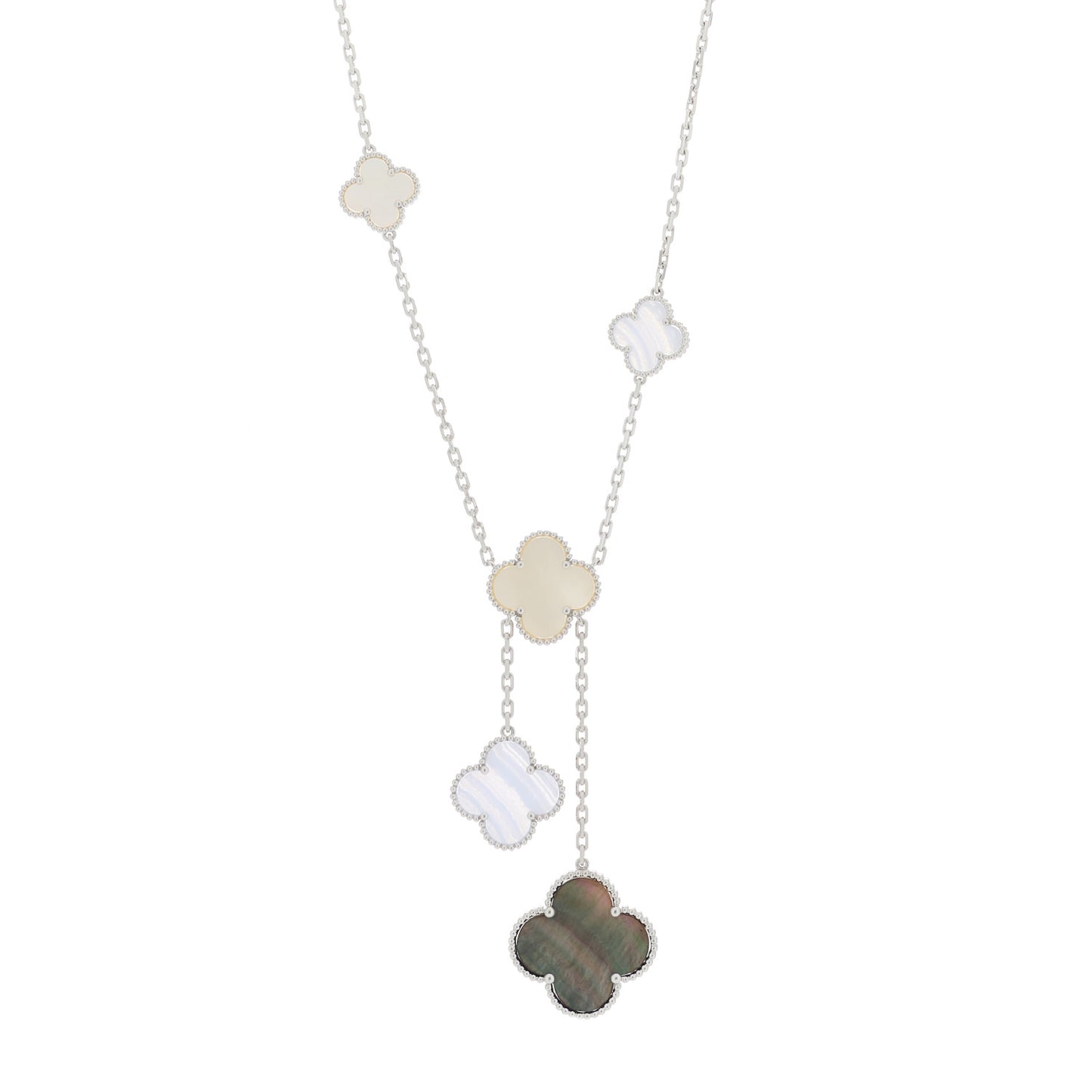 18K White Gold Mother of Pearl Chalcedony 6 Motifs Magic Alhambra Necklace