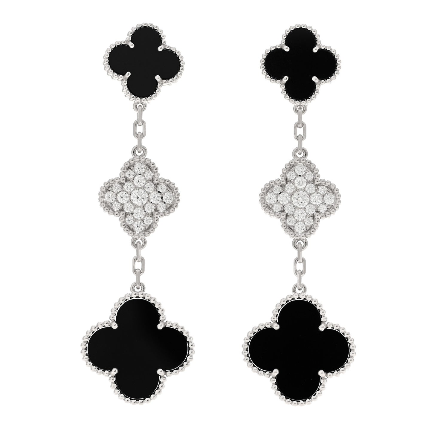 18K White Gold Diamond Black Onyx Magic Alhambra 3 Motifs Earrings
