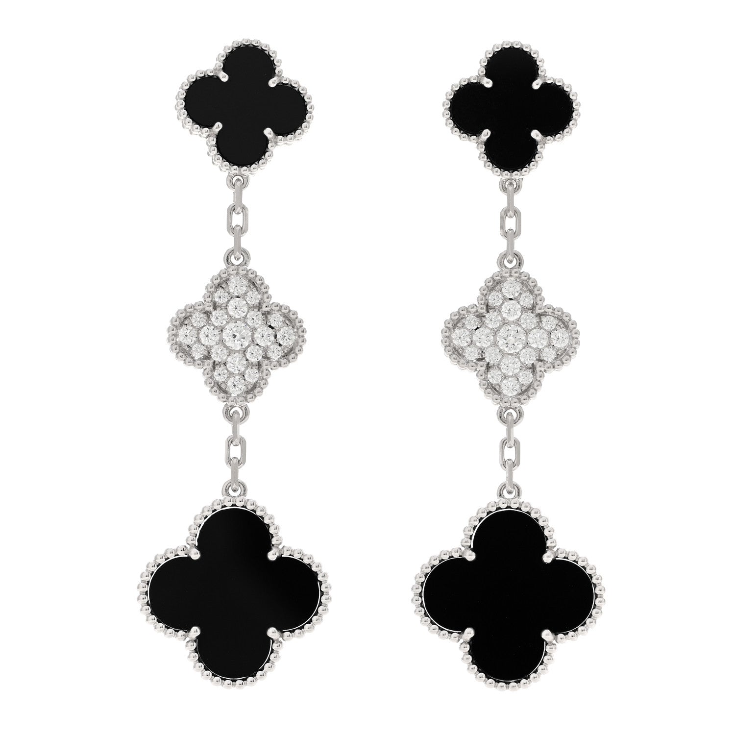 Van Cleef & Arpels 18K White Gold Diamond Black Onyx Magic Alhambra 3 Motifs Earrings 1 of 5