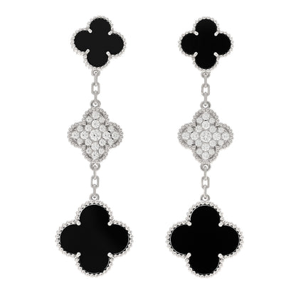 Van Cleef & Arpels 18K White Gold Diamond Black Onyx Magic Alhambra 3 Motifs Earrings 1 of 5